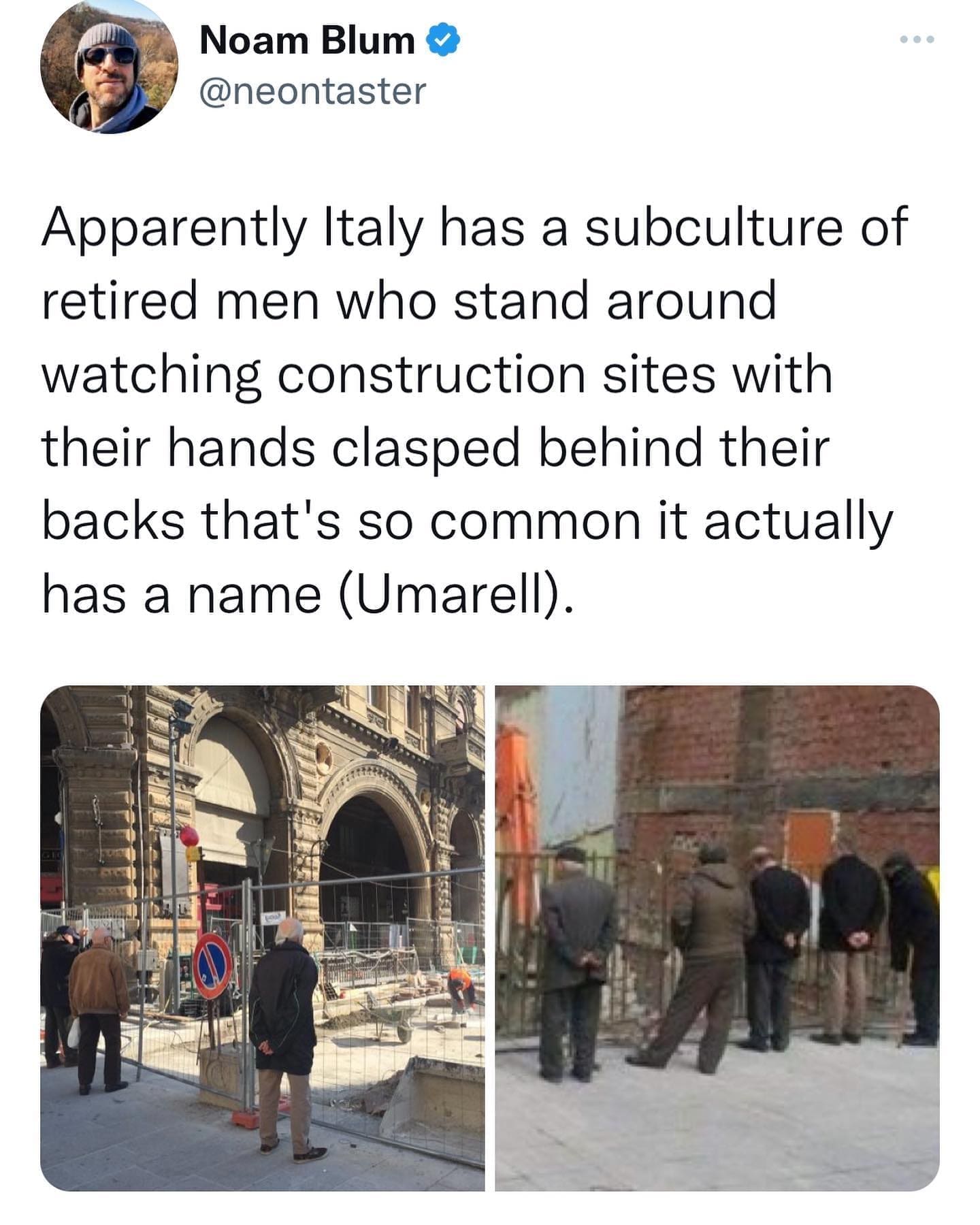funny pics Apparently Italy has a subculture of retired men who stand around watching construction sites with their hands clasped behind their backs that's so common it actually has a name (Umarell).