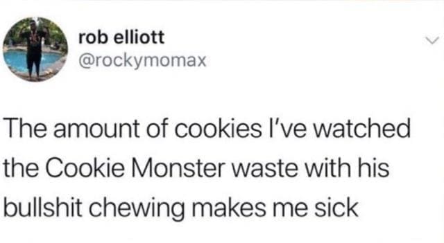 funny tweets The amount of cookies I've watched the Cookie Monster waste with his bulls chewing makes me sick