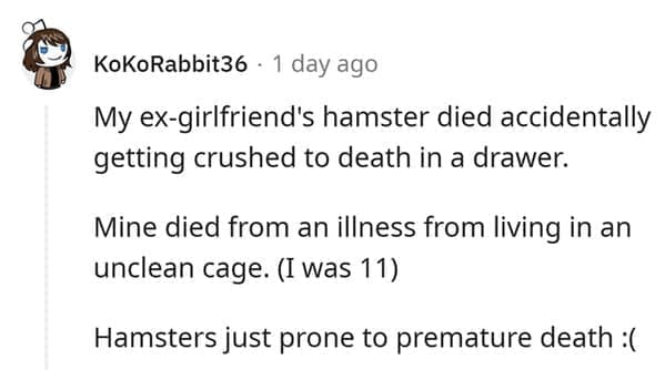 hamster death My ex-girlfriend's hamster died accidentally getting crushed to death in a drawer. Mine died from an illness from living in an unclean cage. (I was 11) Hamsters just prone to premature death :(