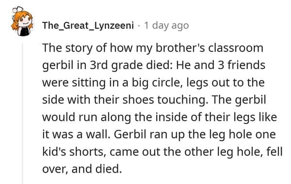 hamster death The story of how my brother's classroom gerbil in 3rd grade died: He and 3 friends were sitting in a big circle, legs out to the side with their shoes touching. The gerbil would run along the inside of their legs like it was a wall. Gerbil ran up the leg hole one kid's shorts, came out the other leg hole, fell over, and died.