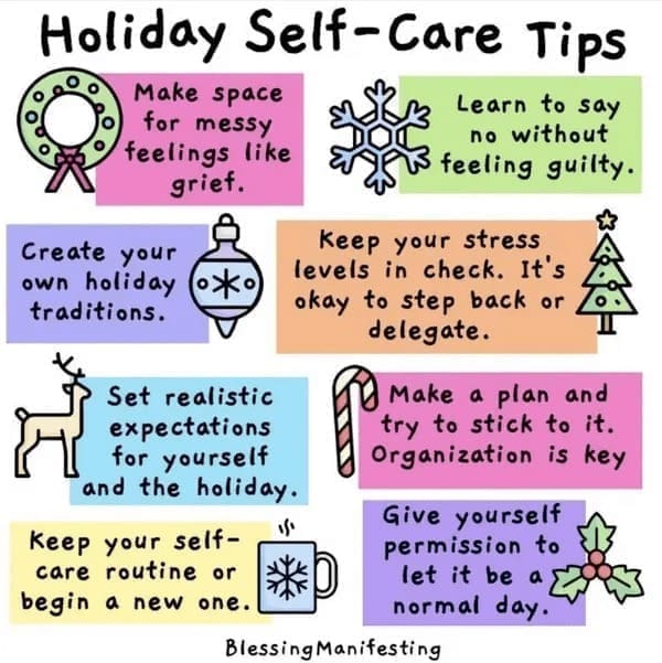 Helpful Christmas Charts Holiday Self-Care Tips Make space Learn to say for messy no without feelings like feeling guilty. grief. Create your own holiday traditions. Keep your stress levels in check. It's okay to step back or delegate.