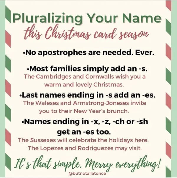 Helpful Christmas Charts Pluralizing Your Name this Christmas card seasou •No apostrophes are needed. Ever. •Most families simply add an -s. The Cambridges and Cornwalls wish you a warm and lovely Christmas. •Last names ending in -s add an -es. The Waleses and Armstrong-Joneses invite you to their New Year's brunch. •Names ending in -x, -z, -ch or -sh get an -es too. The Sussexes will celebrate the holidays here. The Lopezes and Rodriguezes may visit. It's that simple. Merry everything!