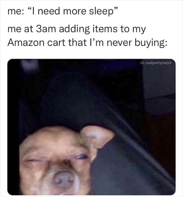 Memes for women me: "I need more sleep" me at 3am adding items to my Amazon cart that I'm never buying: