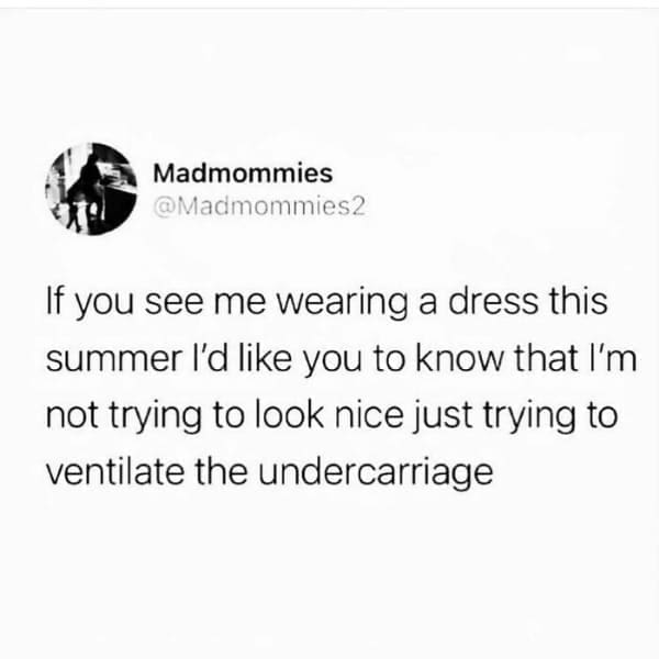 Memes for women @Madmommies2 If you see me wearing a dress this summer l'd like you to know that I'm not trying to look nice just trying to ventilate the undercarriage