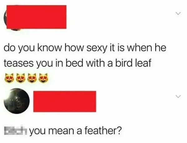 Posted cringe do you know how sexy it is when he teases you in bed with a bird leaf