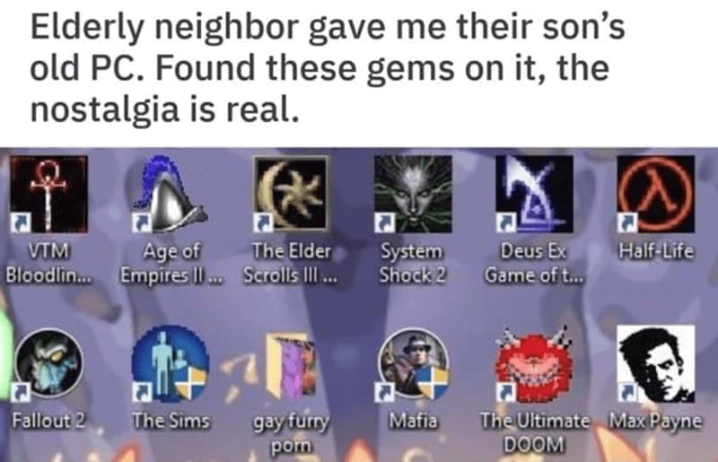 Retro gaming memes Elderly neighbor gave me their son's old PC. Found these gems on it, the nostalgia is real. VTM Age of Bloodlin... Empires Il... Fallout 2 The Sims The Elder Scrolls III ... gay furry pom System Shock 2 Mafia Deus Ex Game of t... The Ultimate DOOM