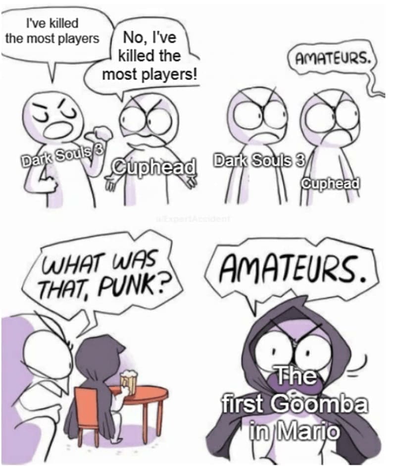 Retro gaming memes I've killed the most players No, I've killed the most players! Dark Souls 3 Cuphead WHAT WAS THAT, PUNK? AMATEURS. Dark Souls 3 Cuphead AMATEURS.