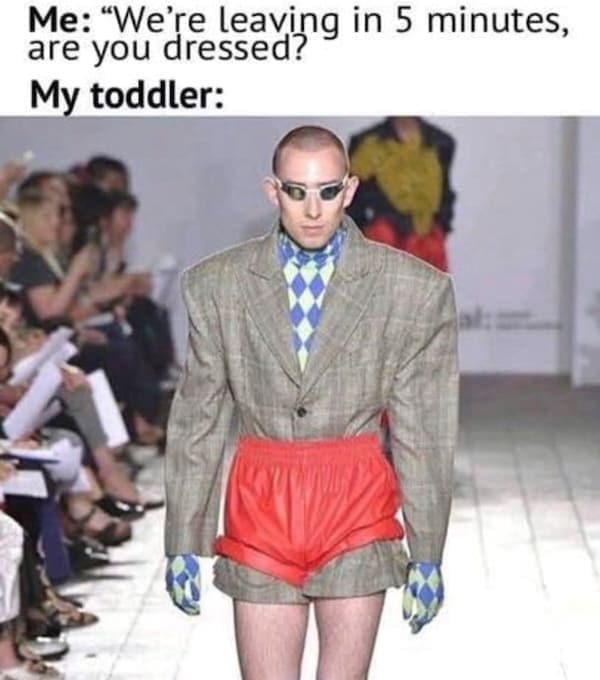 Toddler memes are We dressaying in 5 minutes, My toddler: