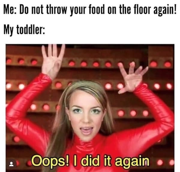 Toddler memes Me: Do not throw your food on the floor again! My toddler: Oops! I did it again