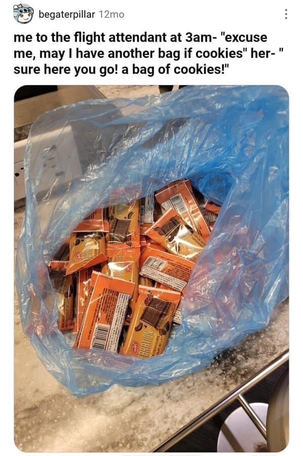 Weird customer requests me to the flight attendant at 3am- "excuse me, may I have another bag if cookies" her-" sure here you go! a bag of cookies!"