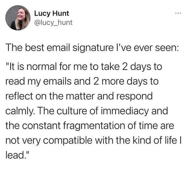 Work from home memes The best email signature l've ever seen: "It is normal for me to take 2 days to read my emails and 2 more days to reflect on the matter and respond calmly. The culture of immediacy and the constant fragmentation of time are not very compatible with the kind of life I lead."