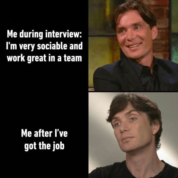 Work from home memes Me during interview: I'm very sociable and work great in a team Me after I've got the job