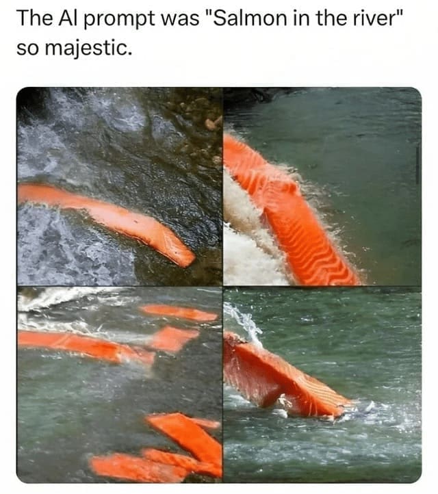 Technically correct memes The Al prompt was "Salmon in the river" so majestic.