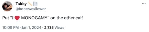 accidental swinger tattoo MONOGAMY" on the other calf