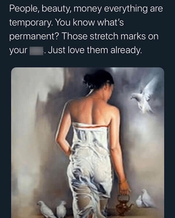 Body positivity memes People, beauty, money everything are temporary. You know what's permanent? Those stretch marks on your . Just love them already.
