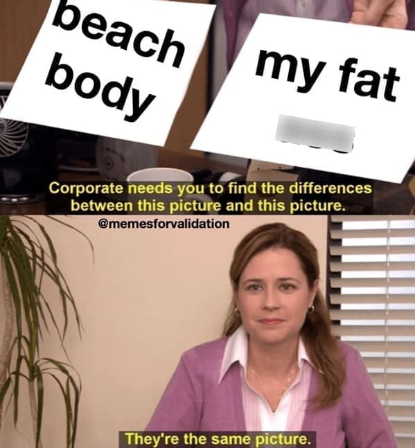 Body positivity memes beach body my fat Corporate needs you to find the differences between this picture and this picture. @memesforvalidation They're the same picture.