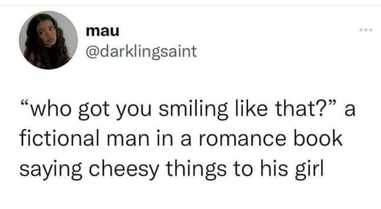 Bookworm memes "who got you smiling like that?" a fictional man in a romance book saying cheesy things to his girl
