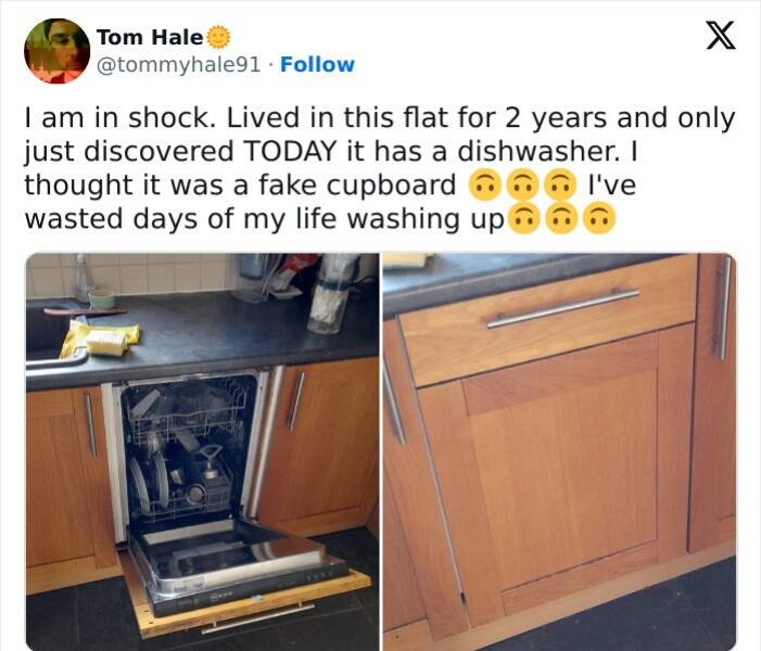 British humor I am in shock. Lived in this flat for 2 years and only just discovered TODAY it has a dishwasher. I thought it was a fake cupboard