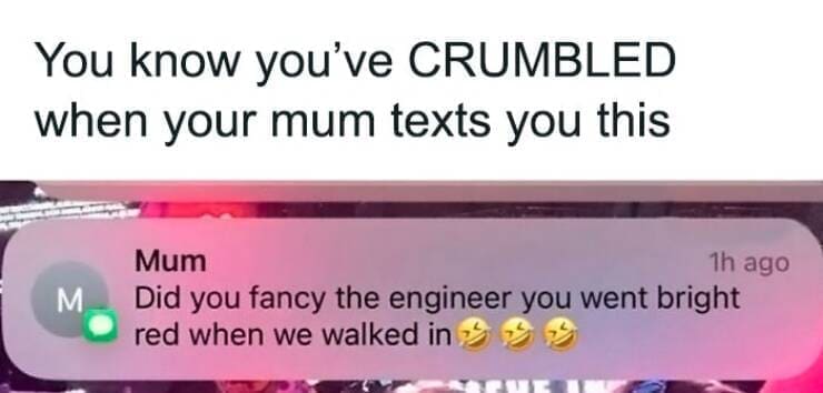 British humor You know you've CRUMBLED when your mum texts you this. Mum Did you fancy the engineer you went bright red when we walked in