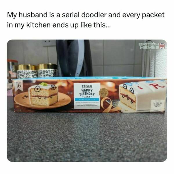 British humor My husband is a serial doodler and every packet in my kitchen ends up like this...