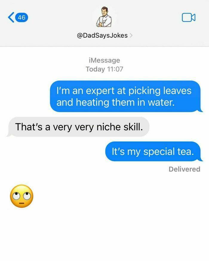 Corny Dad Jokes I'm an expert at picking leaves and heating them in water. That's a very very niche skill. It's my special tea.