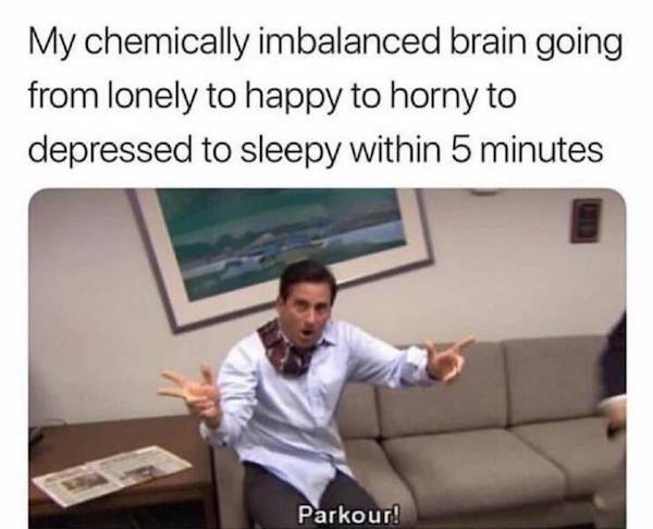 Dark Humor Memes My chemically imbalanced brain going from lonely to happy to horny to depressed to sleepy within 5 minutes Parkour!