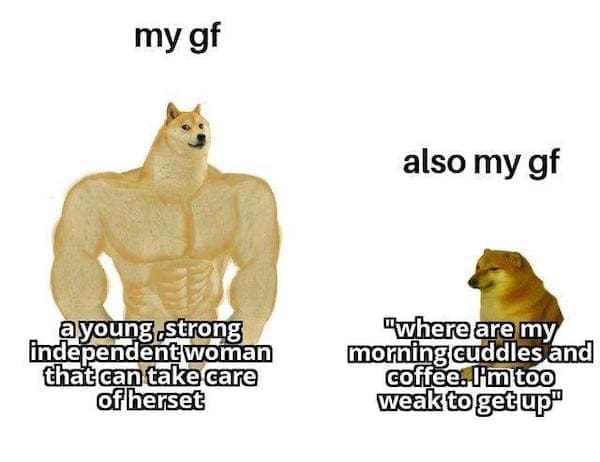 Dirty Relationship Memes my gf a young strong Independent woman that can take care of herset also my gf "where are my morning cuddles and coffee. I'm too weak to get up"