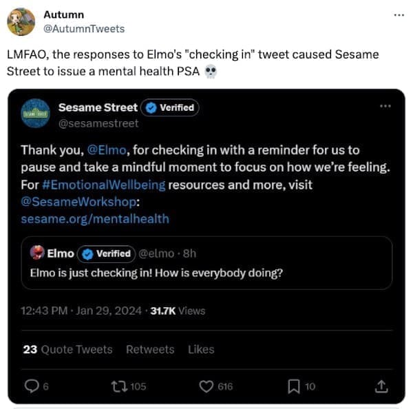 Thank you, @Elmo, for checking in with a reminder for us to pause and take a mindful moment to focus on how we're feeling. For #EmotionalWellbeing resources and more, visit
