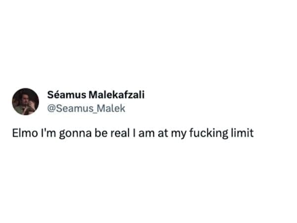 @Seamus Malek Elmo I'm gonna be real I am at my limit