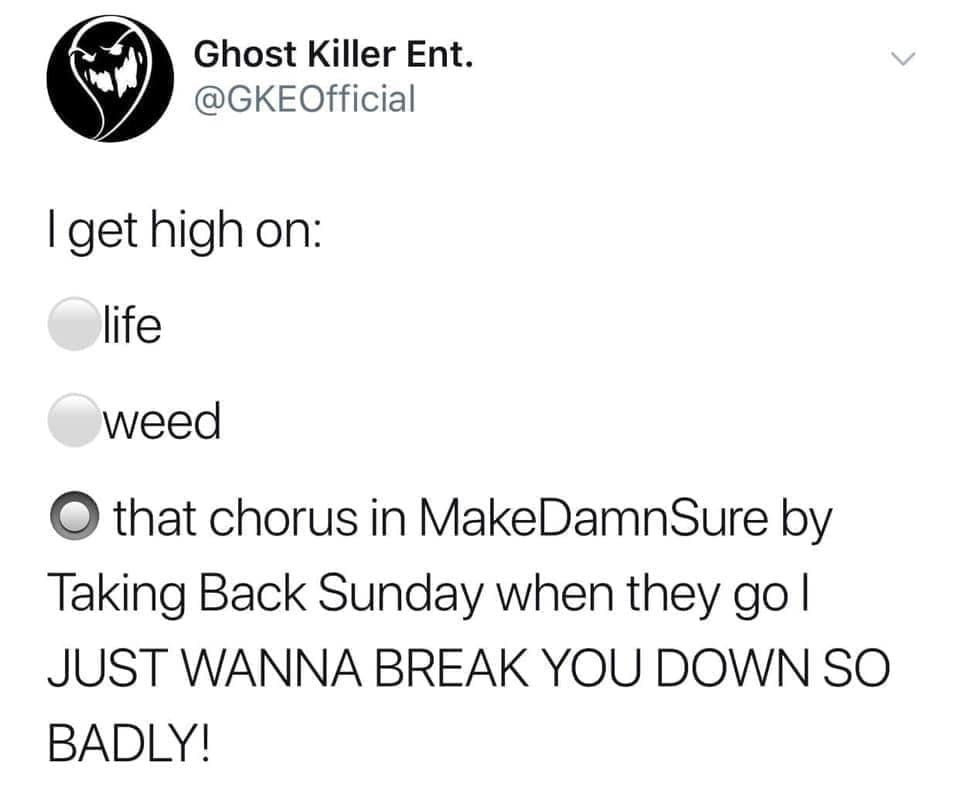 Emo memes I get high on: life weed • that chorus in MakeDamn Sure by Taking Back Sunday when they go l JUST WANNA BREAK YOU DOWN SO BADLY!