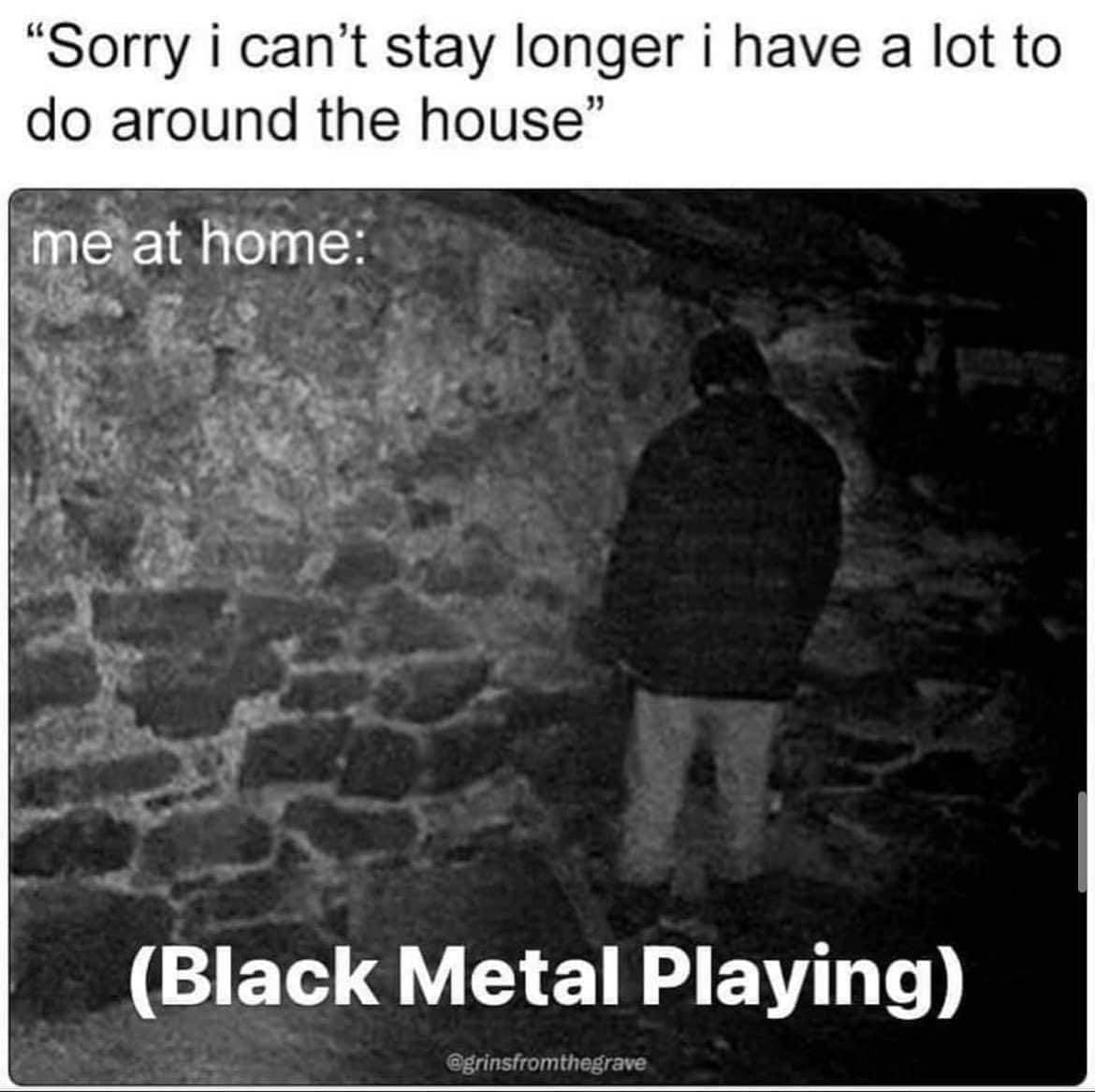 Emo memes "Sorry i can't stay longer i have a lot to do around the house" me at home: (Black Metal Playing)
