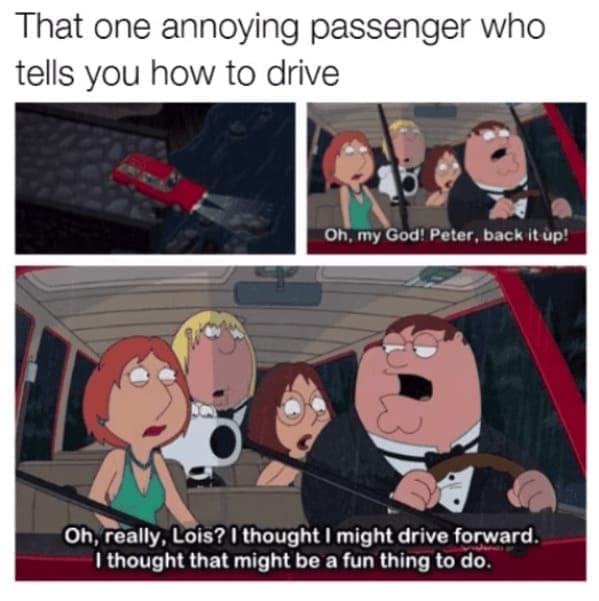 family guy memes That one annoying passenger who tells you how to drive Oh, my God! Peter, back it up! Oh, really, Lois? I thought I might drive forward. I thought that might be a fun thing to do.