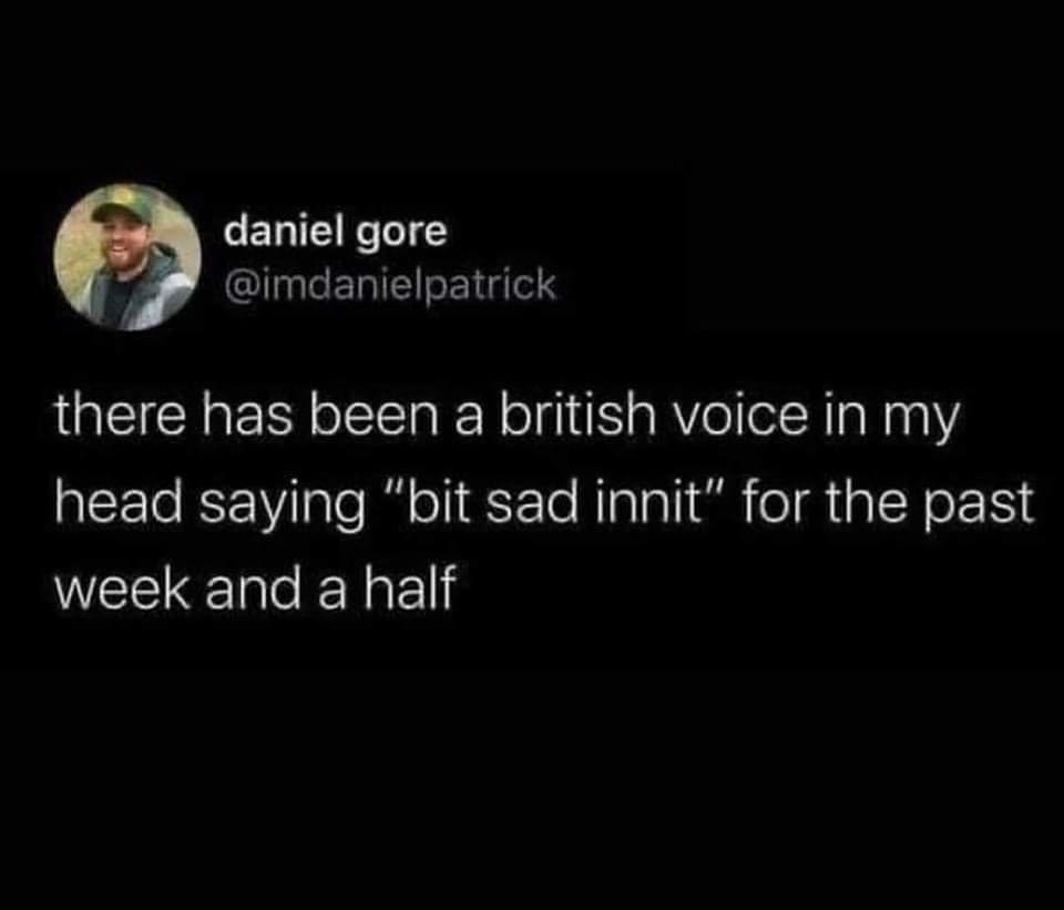 funny memes there has been a british voice in my head saying "bit sad innit" for the past week and a half