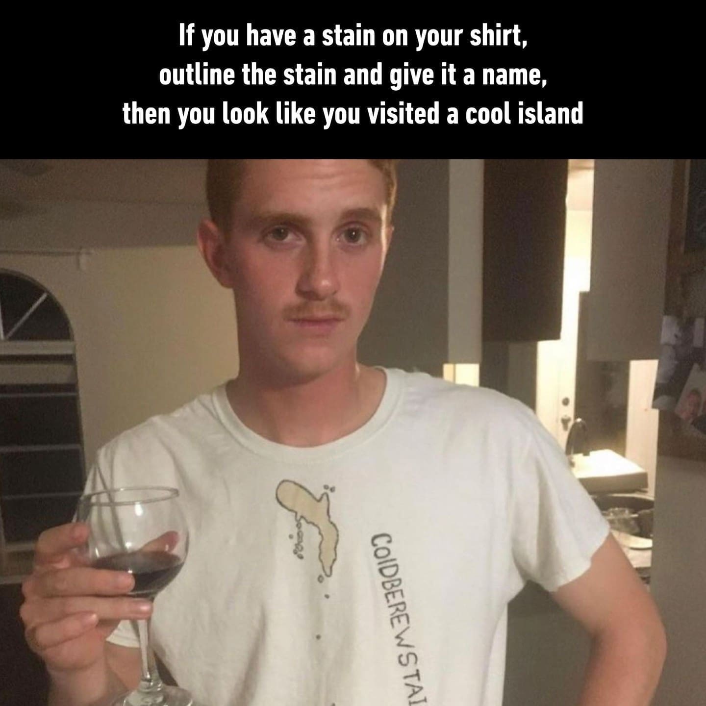 funny memes If you have a stain on your shirt, outline the stain and give it a name, then you look like you visited a cool island