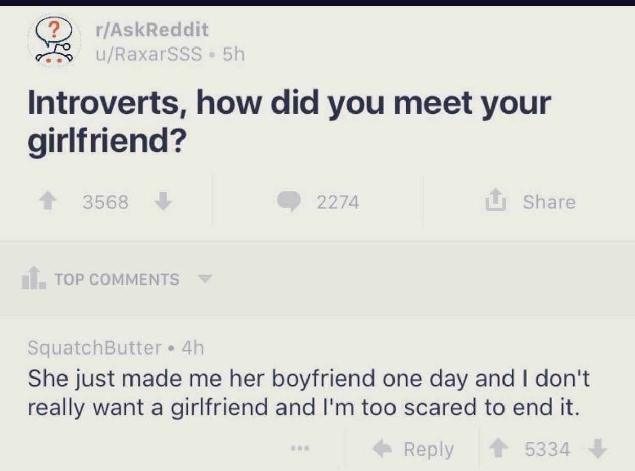 funny ask reddit threads Introverts, how did you meet your girlfriend? She just made me her boyfriend one day and I don't really want a girlfriend and I'm too scared to end it.
