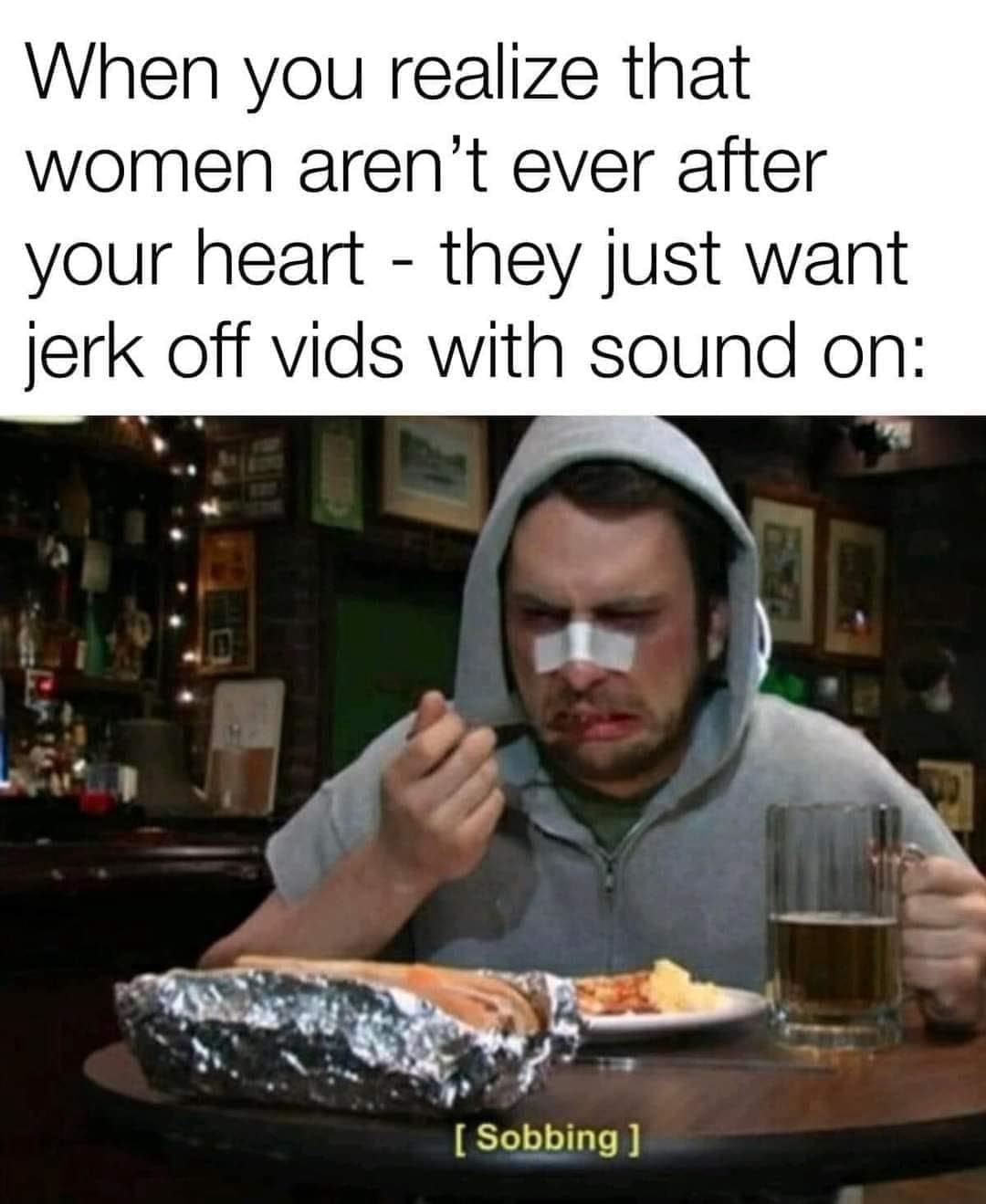 funny memes When you realize that women aren't ever after your heart - they just want j off vids with sound on: [ Sobbing