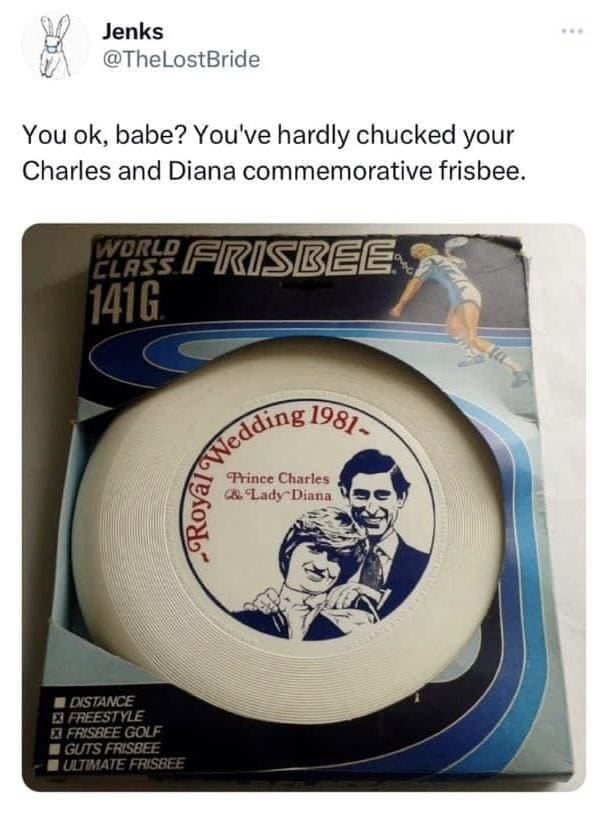 funny memes You ok, babe? You've hardly chucked your Charles and Diana commemorative frisbee.