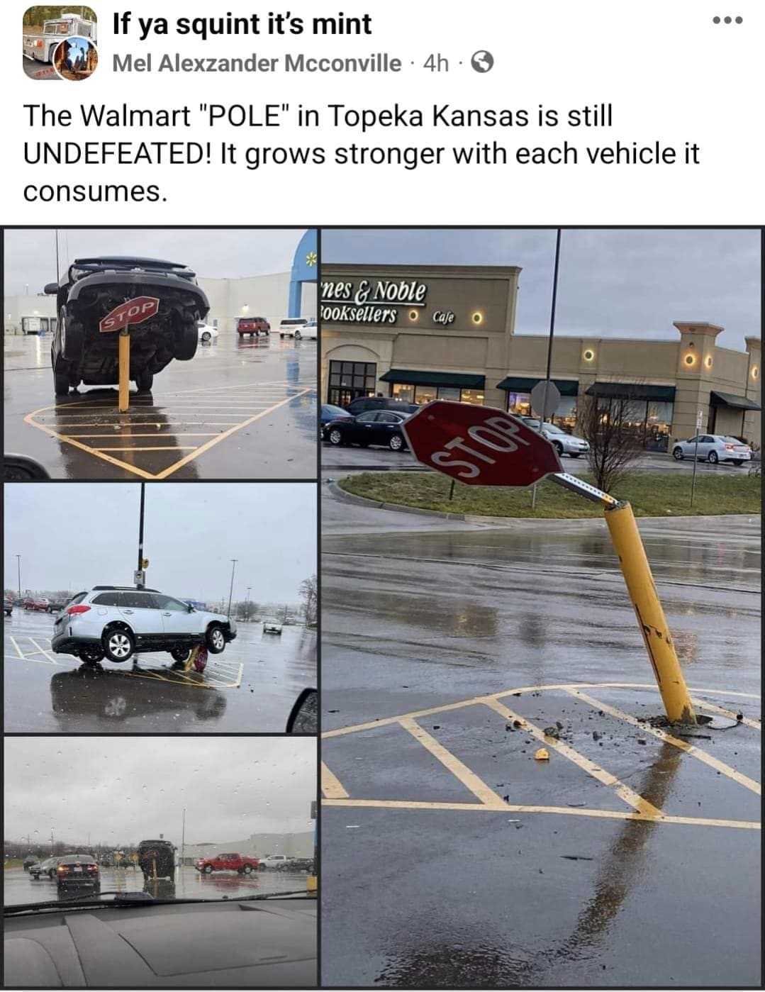 funny memes The Walmart "POLE" in Topeka Kansas is still UNDEFEATED! It grows stronger with each vehicle it consumes.