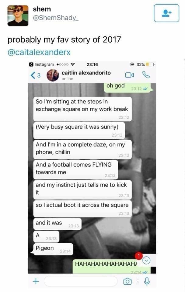 funny pics probably my fav story of 2017 So I'm sitting at the steps in exchange square on my work break 23:12 (Very busy square it was sunny) And I'm in a complete daze, on my phone, chillin 23:13| 23:13 And a football comes FLYING towards me and my instinct just tells me to kick it 23:13 so l actual boot it across the square 23:13 and it was 23:18 Pigeon