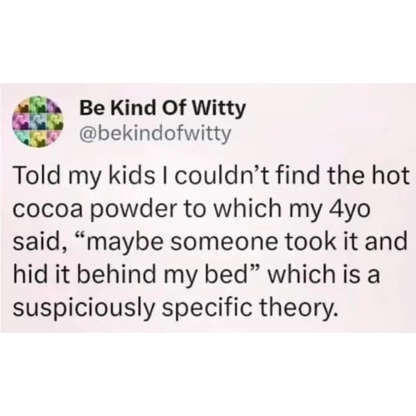 funny memes Told my kids I couldn't find the hot cocoa powder to which my 4yo said, "maybe someone took it and hid it behind my bed" which is a suspiciously specific theory.