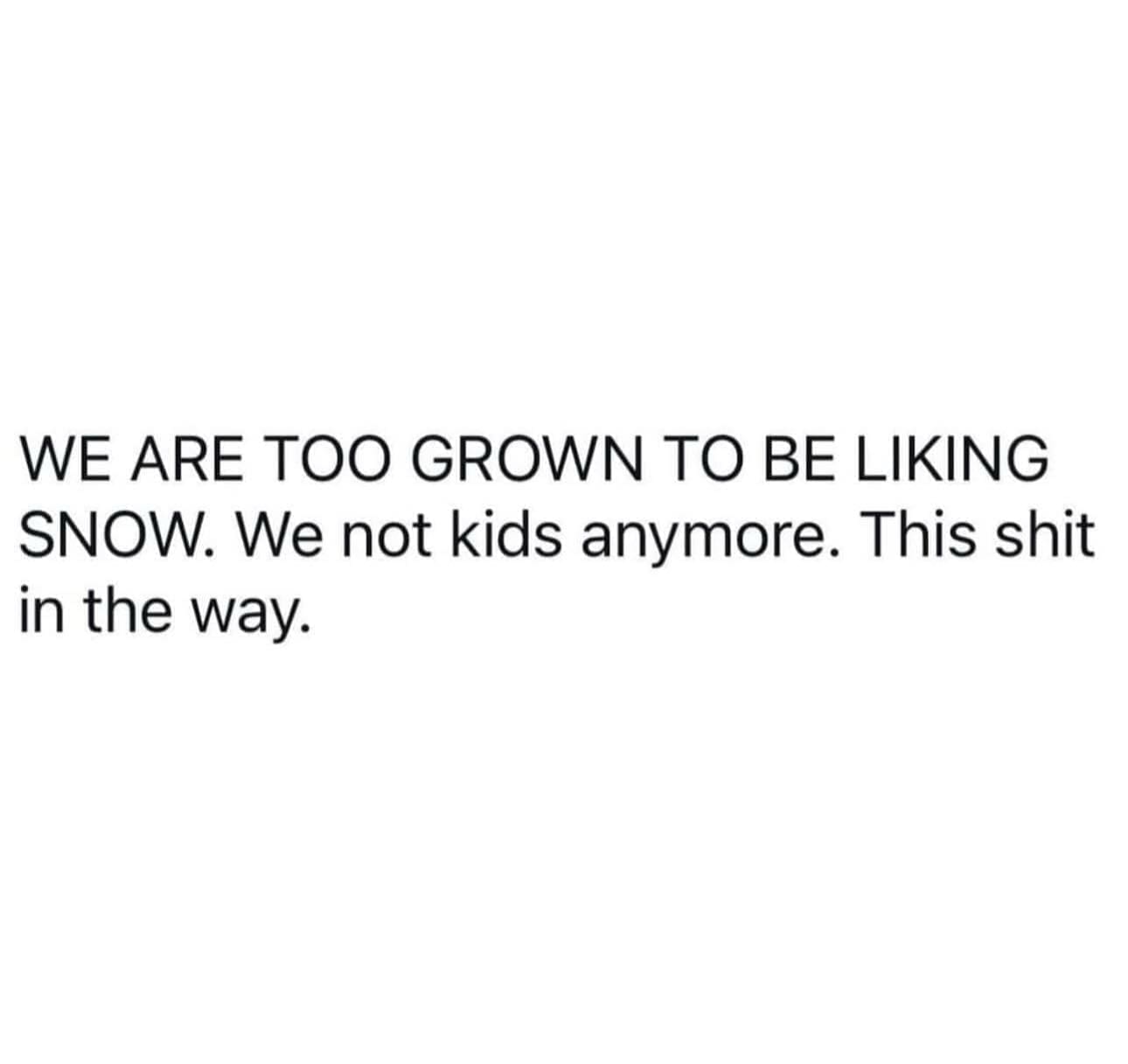 funny memes WE ARE TOO GROWN TO BE LIKING SNOW. We not kids anymore. This in the way.