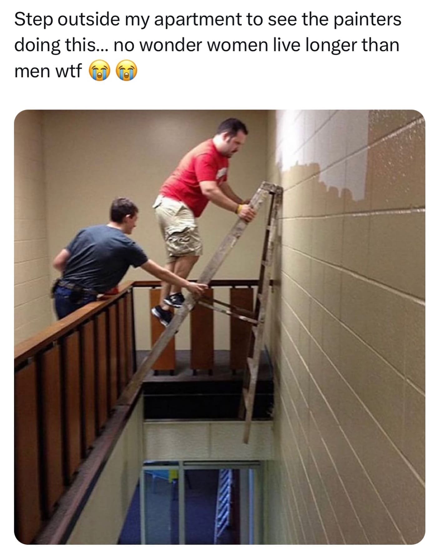 funny memes Step outside my apartment to see the painters doing this... no wonder women live longer than men wtf