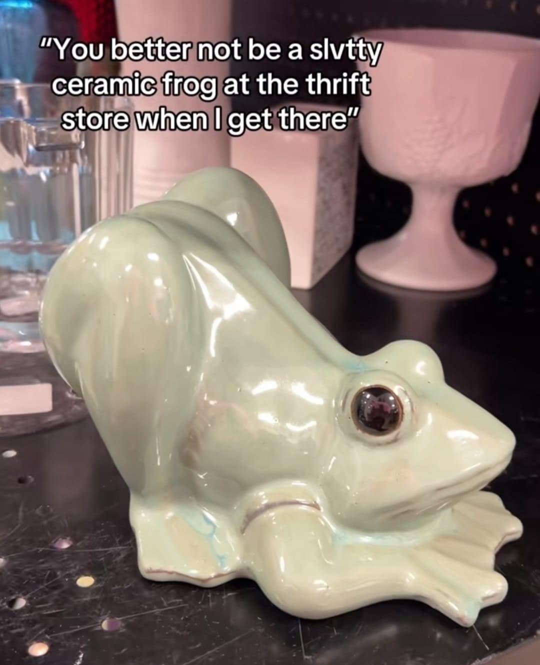 funny memes "You better not be a sivtty ceramic frog at the thrift store when I get there"