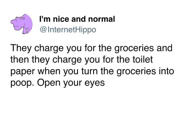 funny memes InternetHippo They charge you for the groceries and then they charge you for the toilet paper when you turn the groceries into poop. Open your eyes