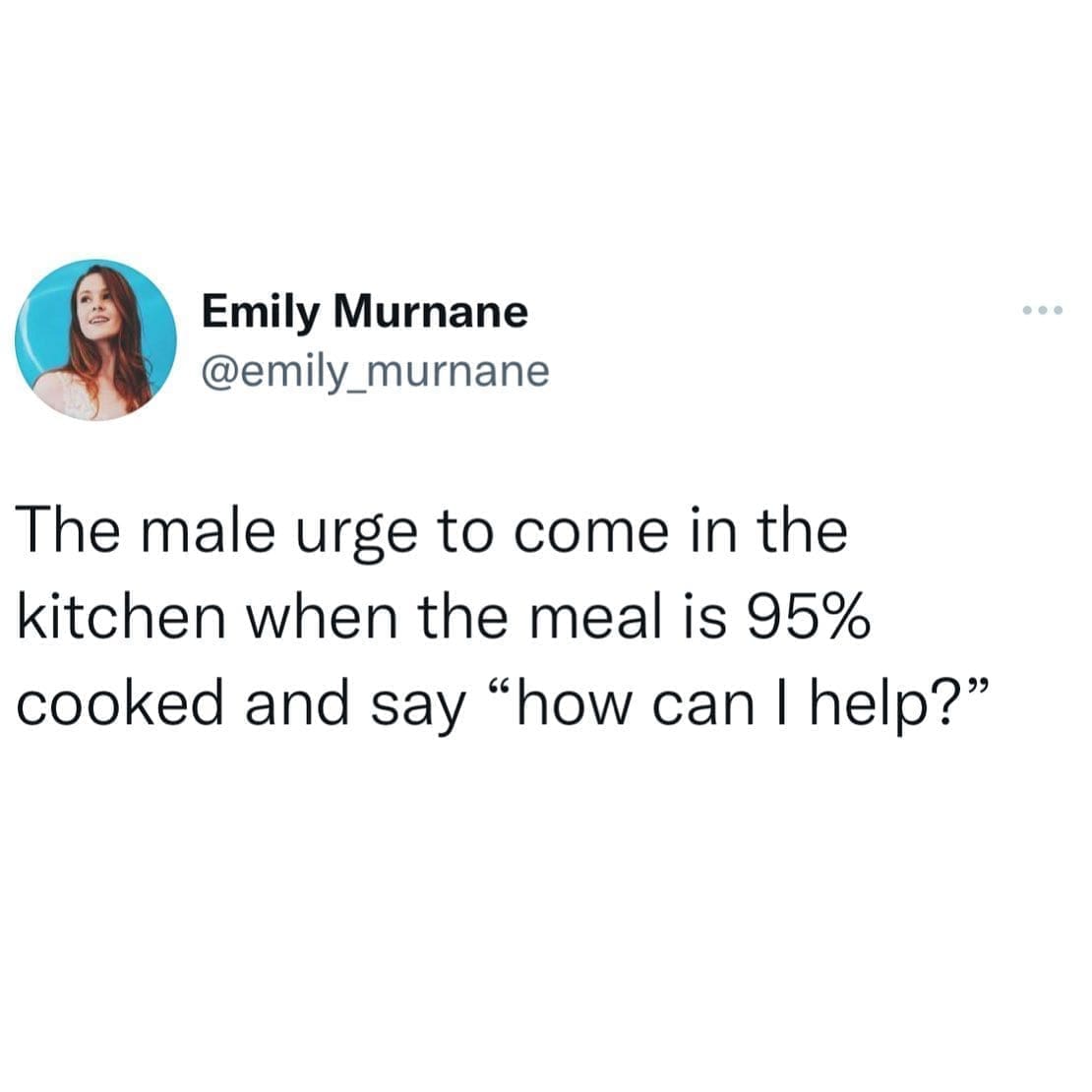 funny memes The male urge to come in the kitchen when the meal is 95% cooked and say "how can I help?"