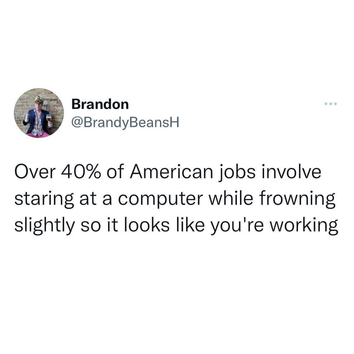 Funny memes @BrandyBeansH Over 40% of American jobs involve staring at a computer while frowning slightly so it looks like you're working
