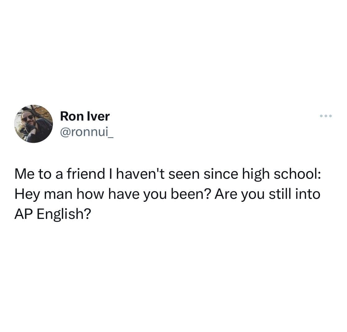 funny memes Me to a friend I haven't seen since high school: Hey man how have you been? Are you still into AP English?