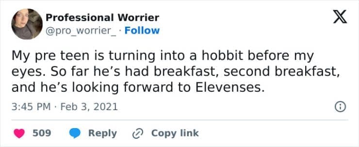 Funny parenting teen tweets My pre teen is turning into a hobbit before my eyes. So far he's had breakfast, second breakfast, and he's looking forward to Elevenses.