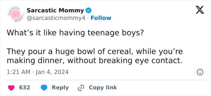 Funny parenting teen tweets What's it like having teenage boys? They pour a huge bowl of cereal, while you're making dinner, without breaking eye contact.