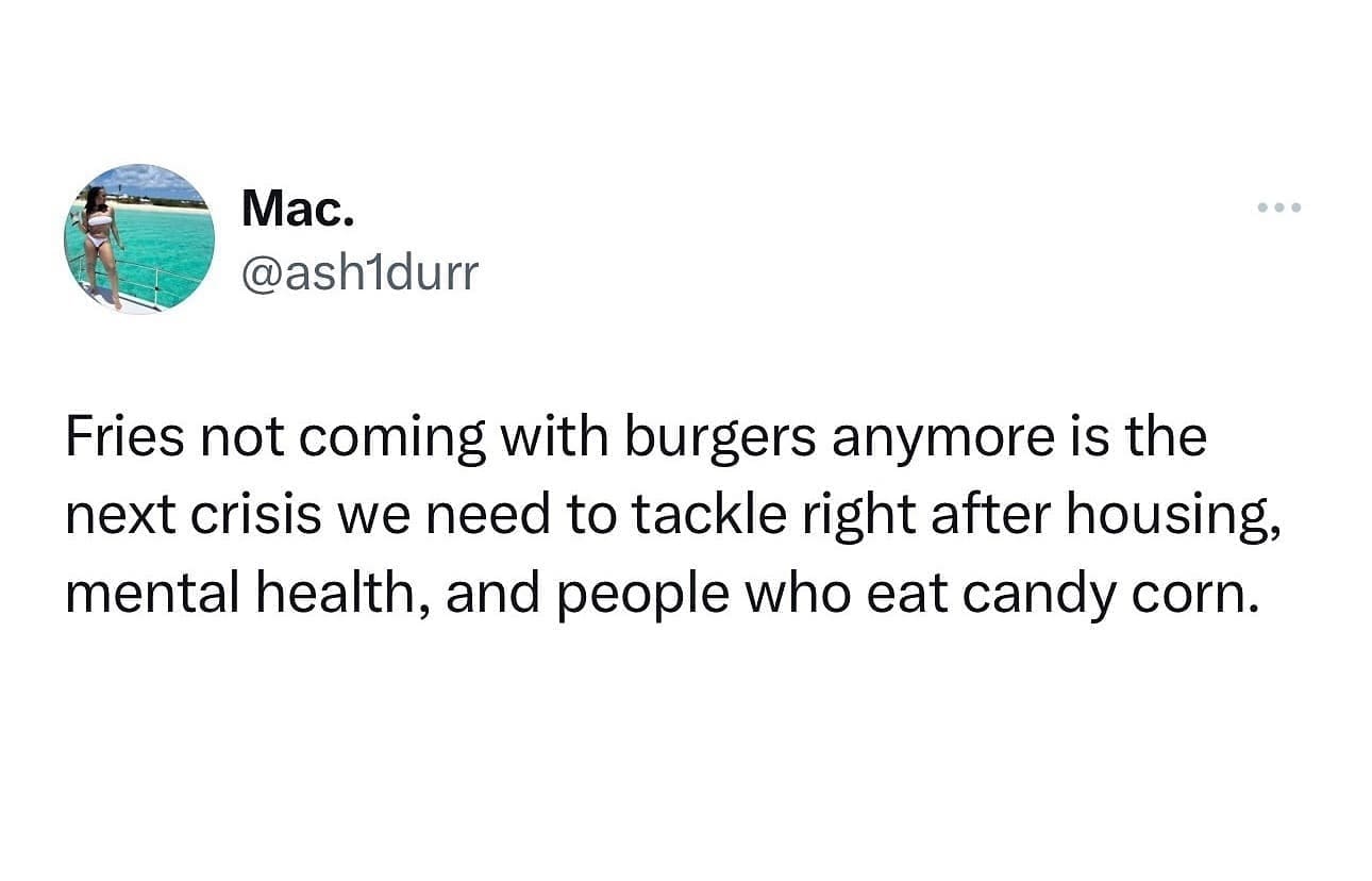 funny pics Fries not coming with burgers anymore is the next crisis we need to tackle right after housing, mental health, and people who eat candy corn.